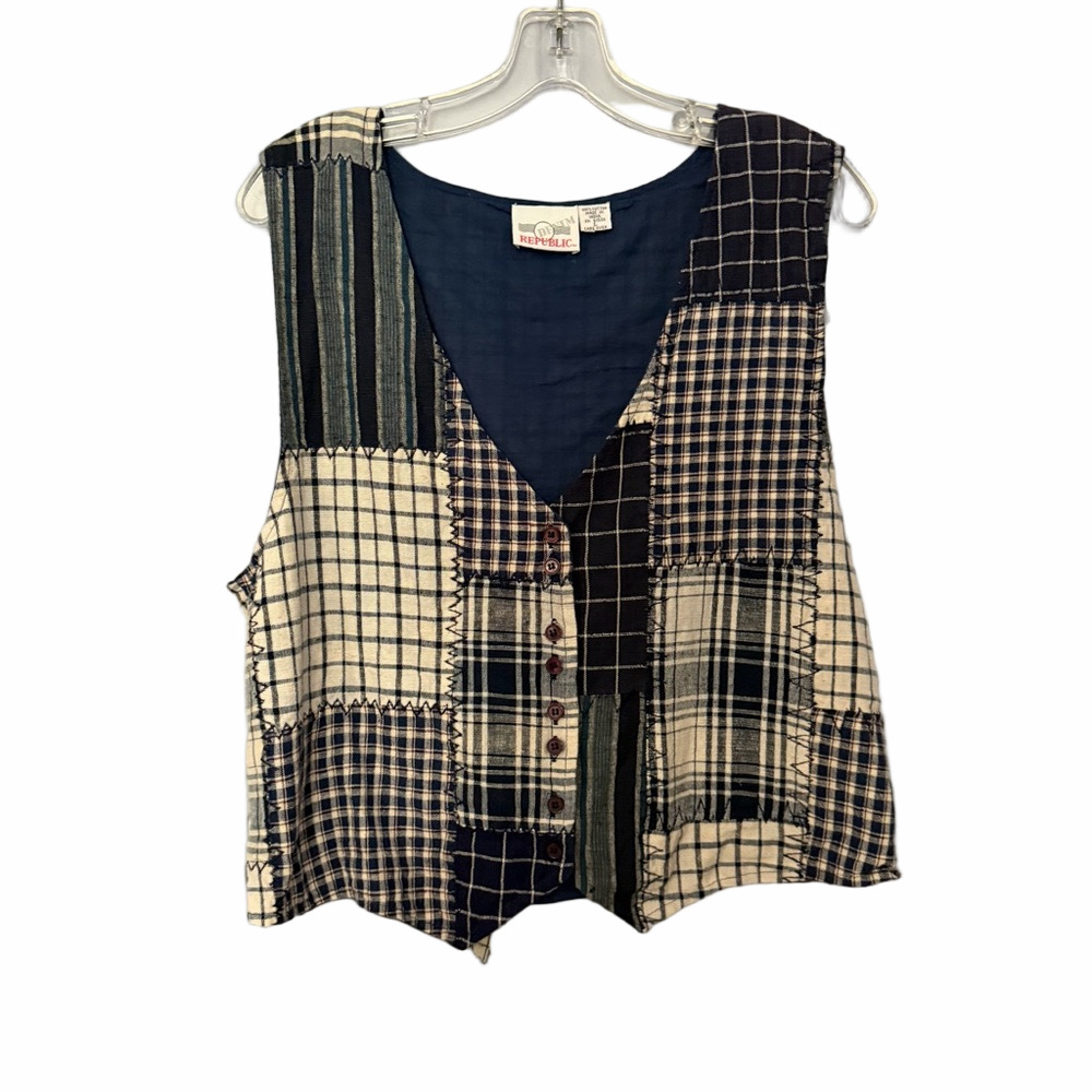 Denim Republic Navy & Cream Patchwork Plaid Button Front Vest Size Large